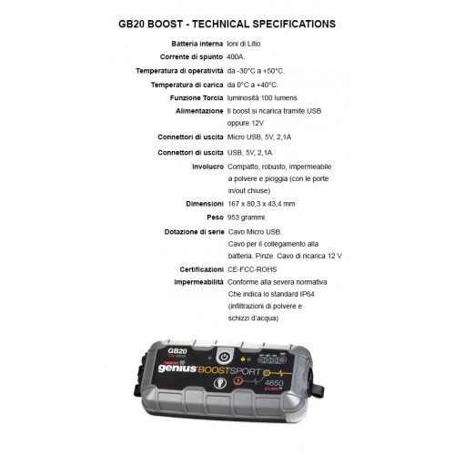 Noco Genius GB20 Boost Sport 12V 400A booster USB avviatore batterie moto auto