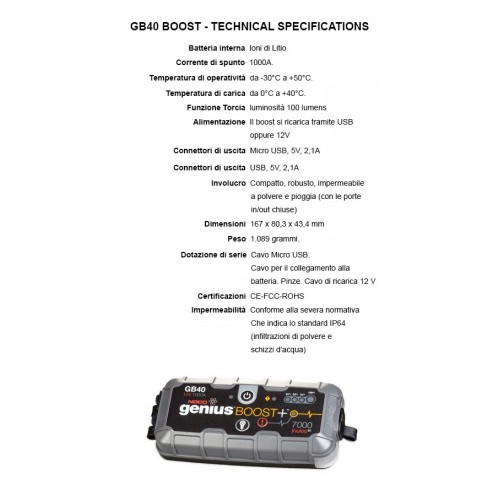 Noco Genius GB40 Boost Sport 12V 1000A booster USB avviatore batterie moto auto