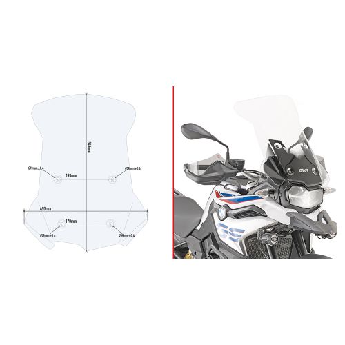 GIVI Cupolino trasparente 54,5 x 49 cm con attacchi per BMW F 750 GS 2018 / 2023 - F 800 GS 2024 / 2026