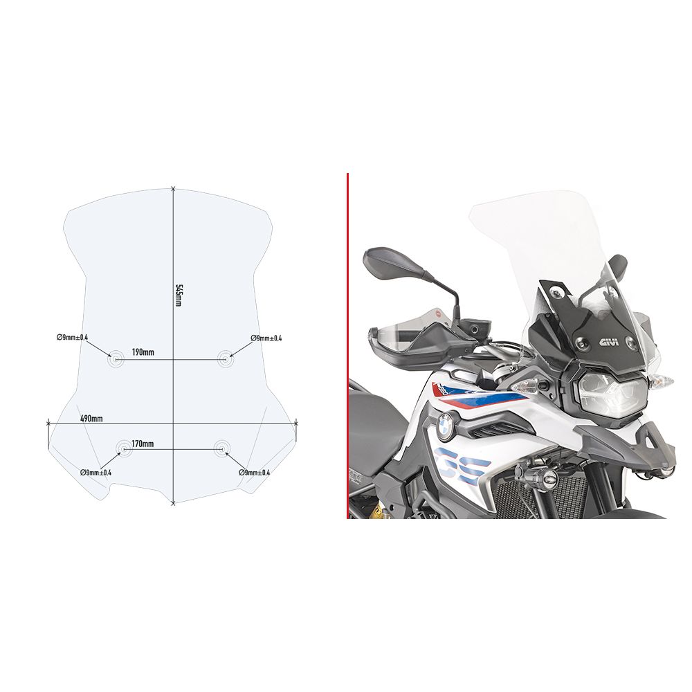 GIVI Cupolino trasparente 54,5 x 49 cm con attacchi per BMW F 750 GS 2018 / 2023 - F 800 GS 2024 / 2026