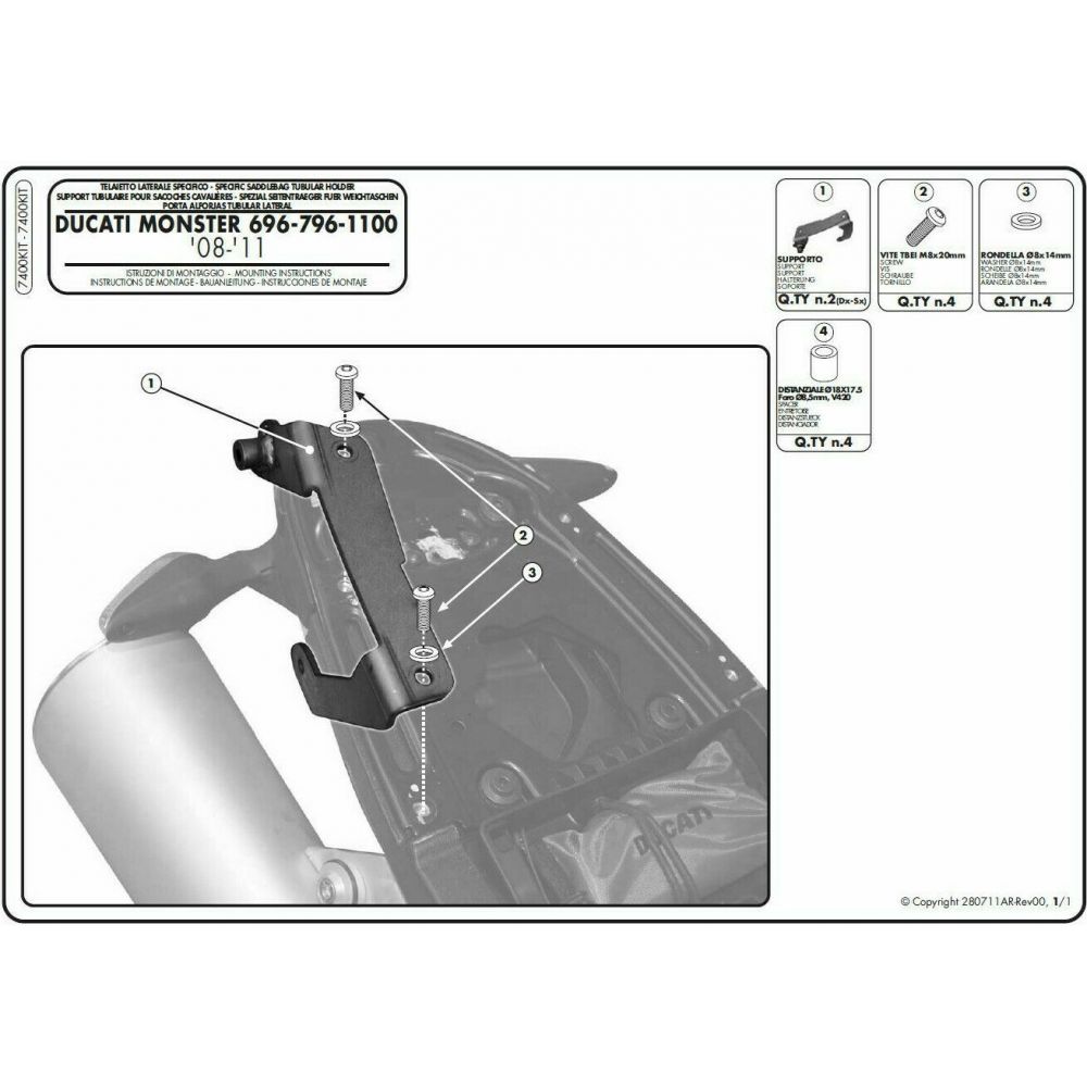 Kit GIVI 7400KIT per Montaggio Telai Laterali senza Monorack Monster 696, 796 e 1100 2008-2014