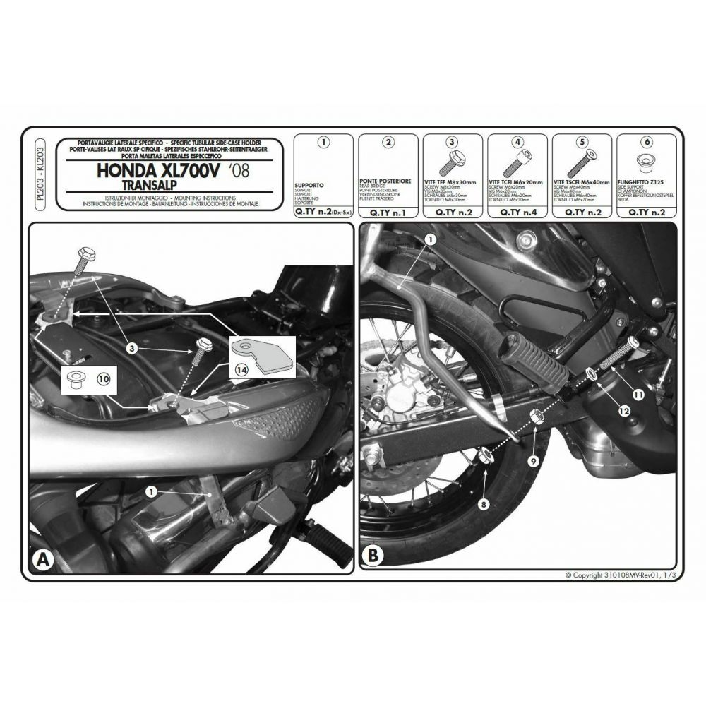 Telai Laterali GIVI PL203 Monokey per Honda Transalp 700 2008 - 2013