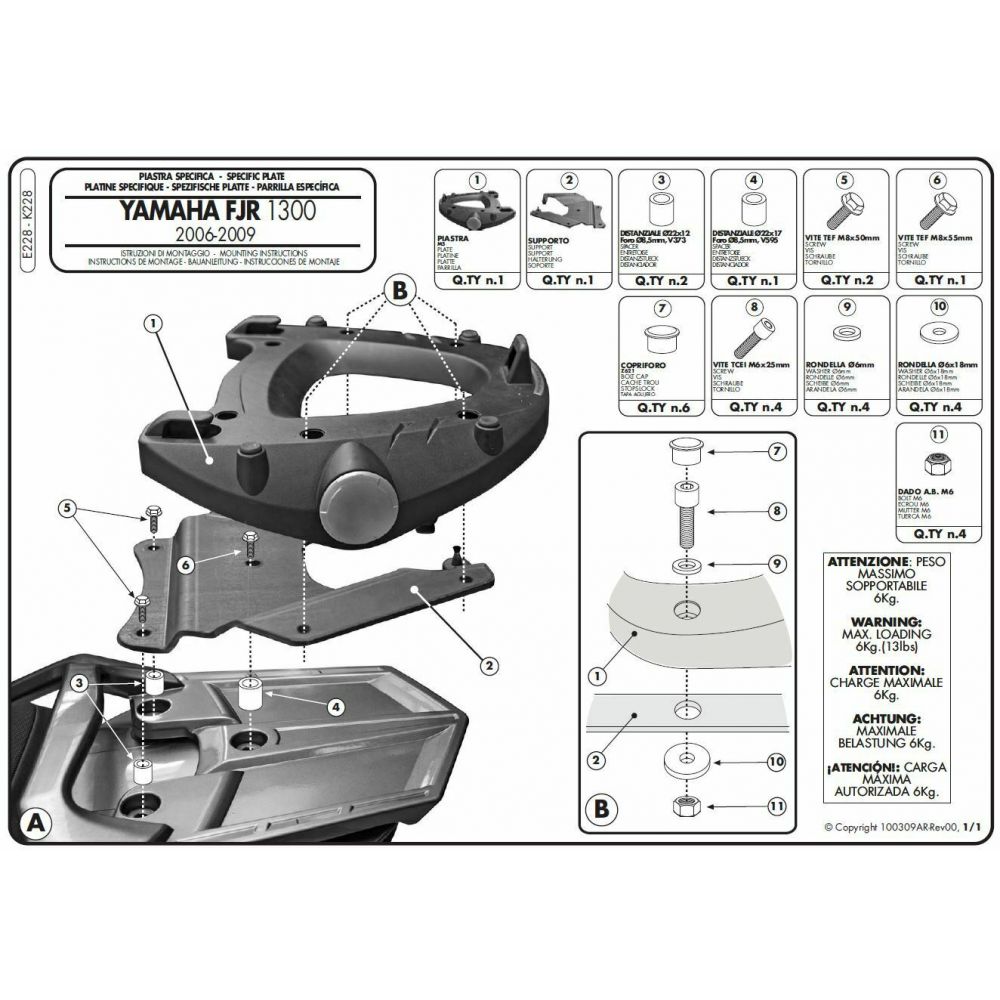 Attacco GIVI E228 con Piastra per Yamaha FJR 1300 2006 - 2020