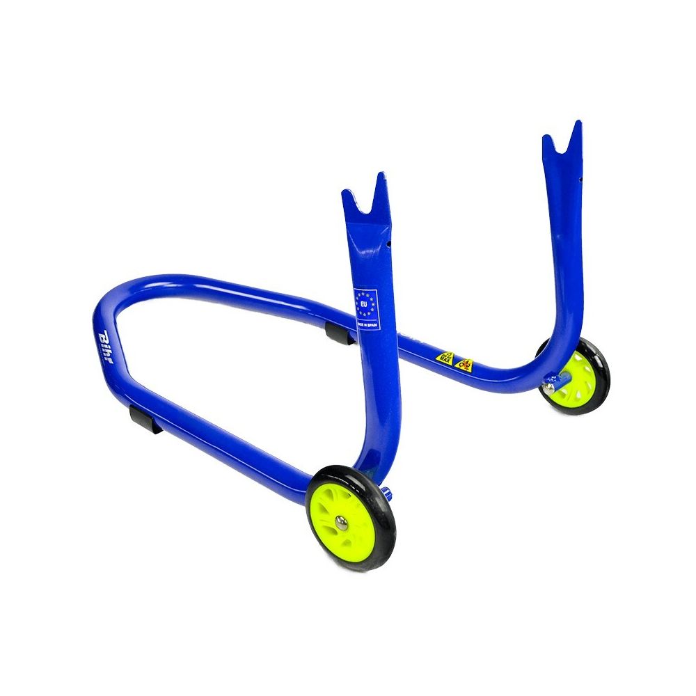 Cavalletto posteriore Bihr con supporti a forchetta per nottolini - Colore blu e ruote gialle.