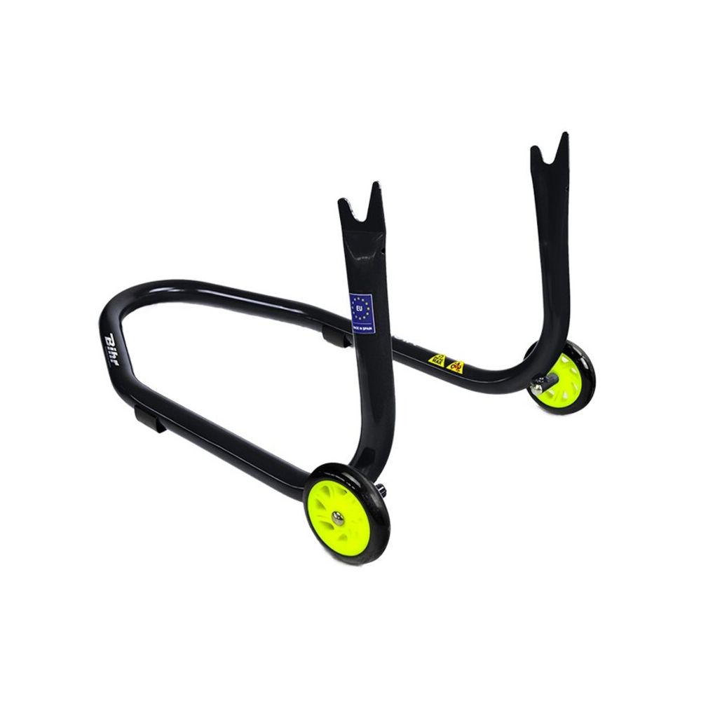 Cavalletto posteriore Bihr con supporti a forchetta per nottolini - Colore nero e ruote gialle