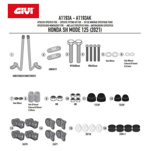 GIVI Kit di attacchi specifico per cupolino Parabrezza 1193A per HONDA SH 125 MODE 2021 / 2026
