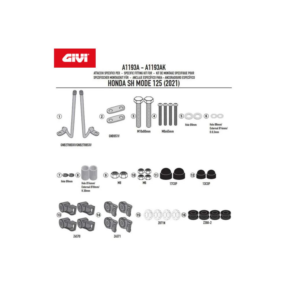 GIVI Kit di attacchi specifico per cupolino Parabrezza 1193A per HONDA SH 125 MODE 2021 / 2026