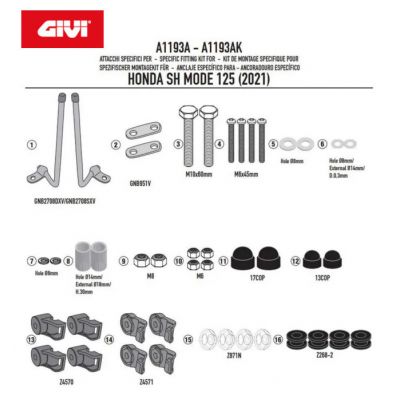 GIVI Kit di attacchi specifico per cupolino Parabrezza 1193A per HONDA SH 125 MODE 2021 / 2026