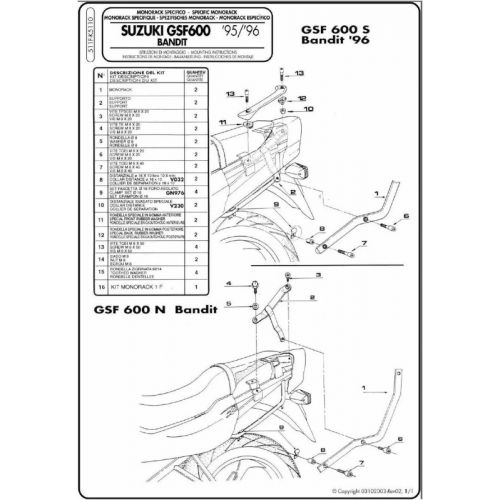 Attacco Posteriore GIVI 511F per Suzuki Bandit 600 e 1200 1996 - 1999
