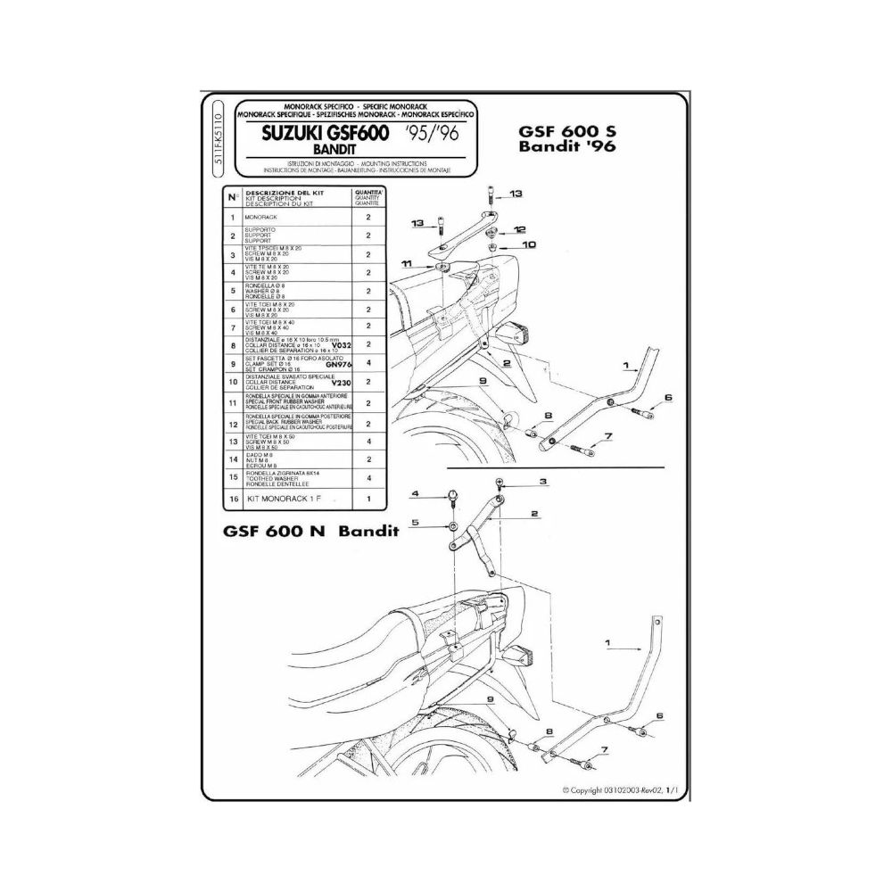 Attacco Posteriore GIVI 511F per Suzuki Bandit 600 e 1200 1996 - 1999