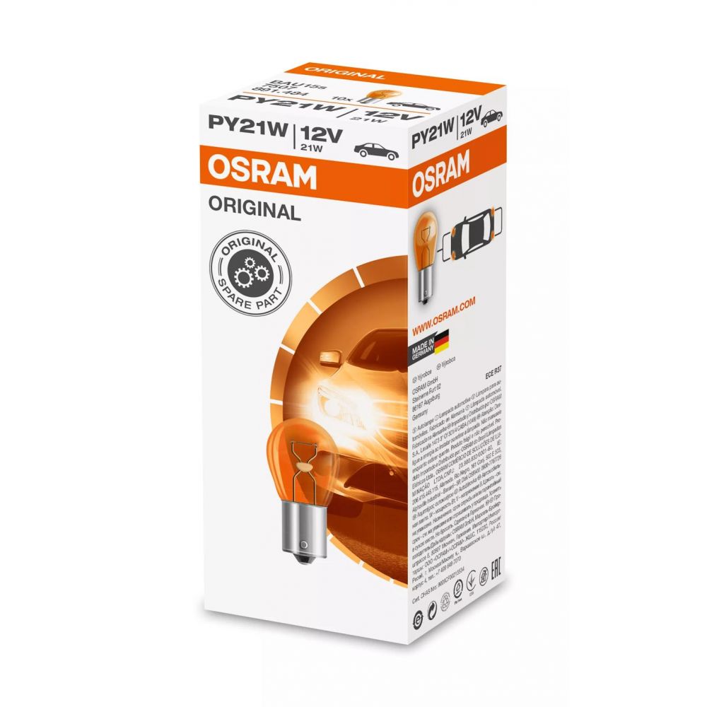 OSRAM 7507 Lampada Ausiliaria Arancio METAL BASE PY21W ORIGINAL 12 Volt 21 Watt BAU15s - 10 Lampadine