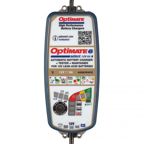 OptiMate 6 Select Caricabatteria e mantenitore di carica a 9 fasi da 12 Volt 6 Ampere per batterie sigillate