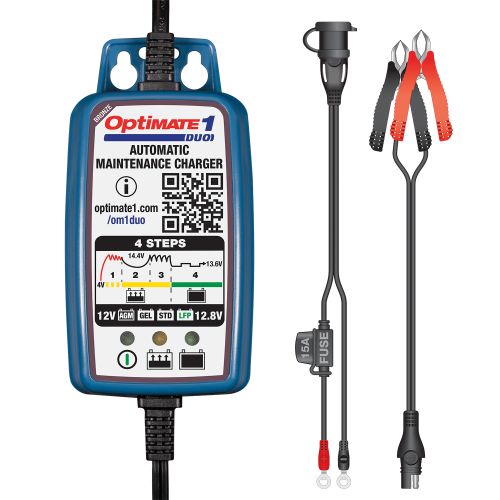 OptiMate 1 DUO Caricabatteria e mantenitore di carica a 4 fasi da 12 / 12.8 Volt 0.6 Ampere per batterie sigillate