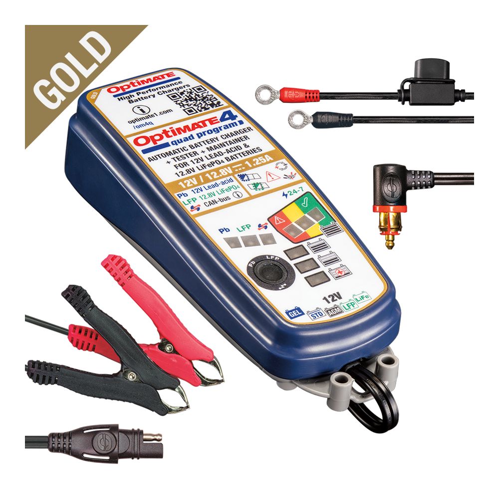 OptiMate 4 QUAD PROGRAM PREMIUM Edition Caricabatteria e mantenitore di carica a 9 fasi da 12 / 12.8 V 1.25 Ah
