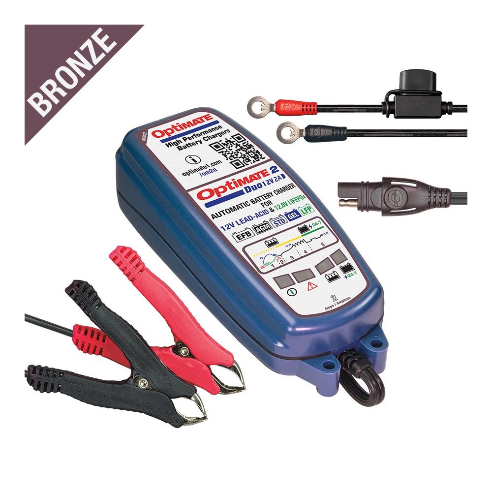 OptiMate 2 DUO Caricabatteria e mantenitore di carica a 5 fasi da 12 / 12.8 Volt 2 Ampere per batterie piombo / litio