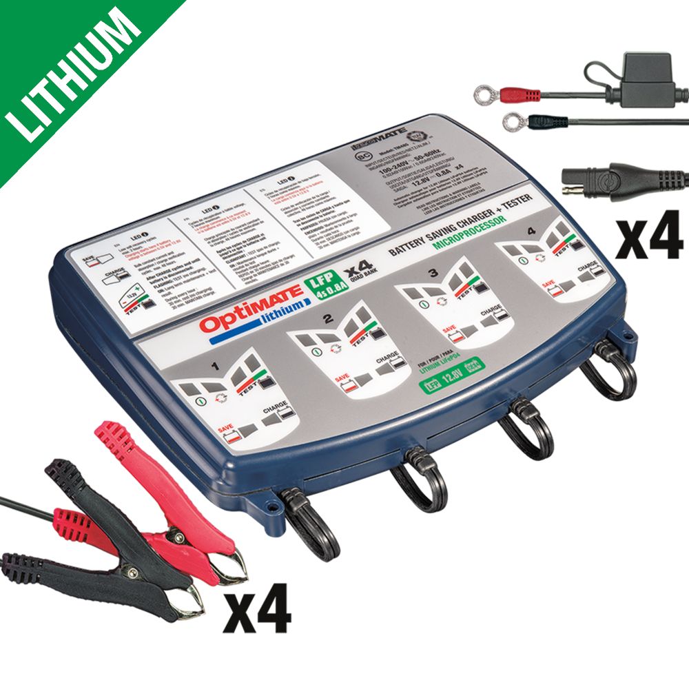 OptiMate LITHIUM 4S QUAD BANK Caricabatteria e mantenitore di carica a 8 fasi da 12.8 Volt 0.8 Ampere per batterie al litio