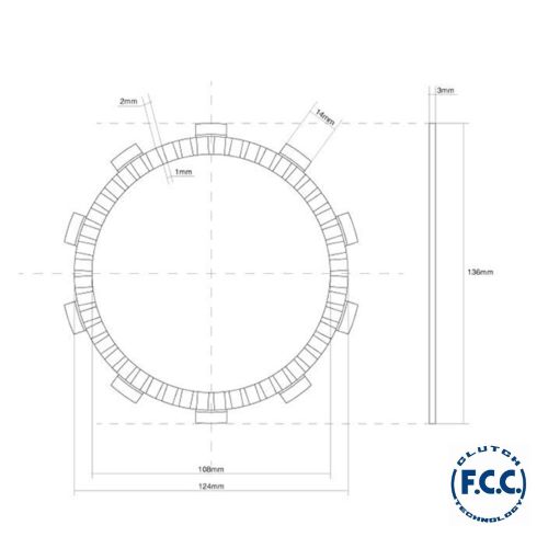 Disco Frizione Guarnito FCC per frizione 4 molle 10 Denti - Diametro Esterno Ø 136mm - Diametro Interno Ø 108mm - Spessore 3 mm