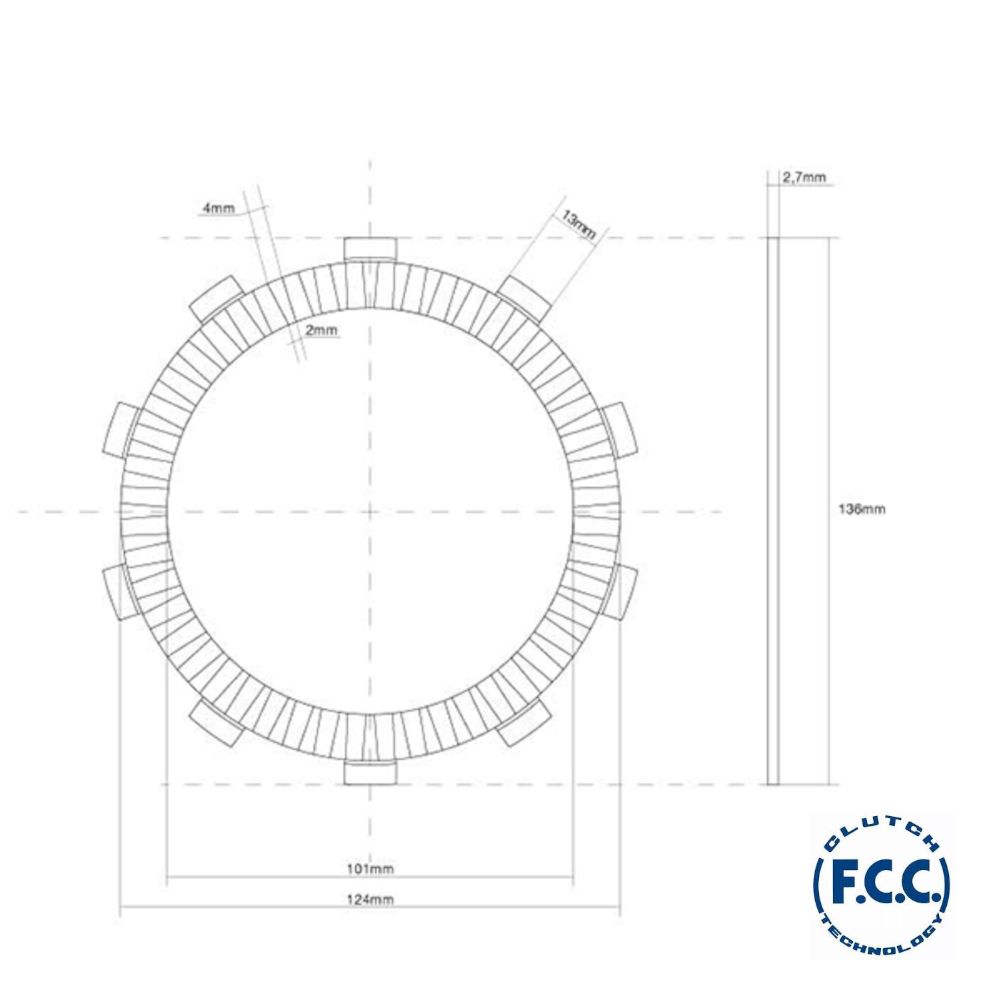 Disco Frizione Guarnito FCC per frizione 3 molle 10 Denti - Diametro Esterno Ø 136mm Diametro Interno Ø 108mm Spessore 2,7 mm