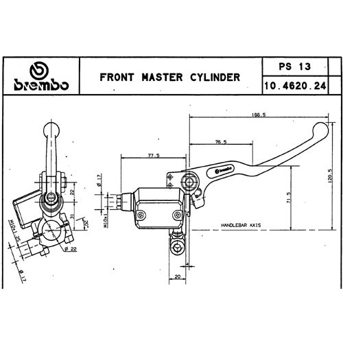 Pompa freno anteriore assiale Brembo PS 13 corpo nero leva argento con serbatoio e attacco specchio