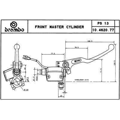 Pompa freno anteriore assiale Brembo PS 13 corpo nero leva nera con serbatoio e interruttore stop integrato