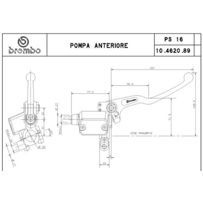 Pompa freno anteriore assiale Brembo PS 16 corpo nero leva nera con serbatoio e attacco specchio