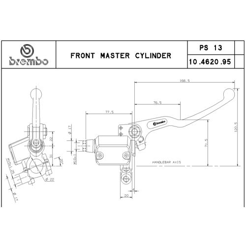 Pompa freno anteriore assiale Brembo PS 13 corpo nero leva nera con serbatoio e attacco specchio