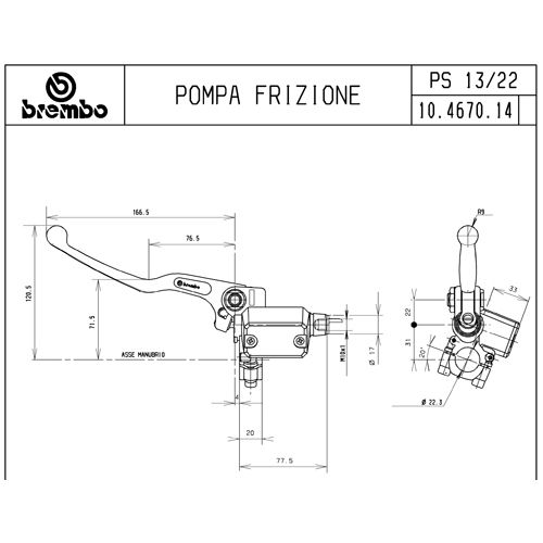Pompa frizione assiale Brembo PS 13 corpo nero leva nera con serbatoio