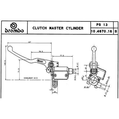 Pompa frizione assiale Brembo PS 13 corpo nero leva argento con serbatoio e attacco specchio
