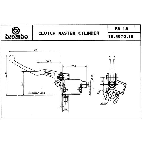 Pompa frizione assiale Brembo PS 13 corpo nero leva argento con serbatoio
