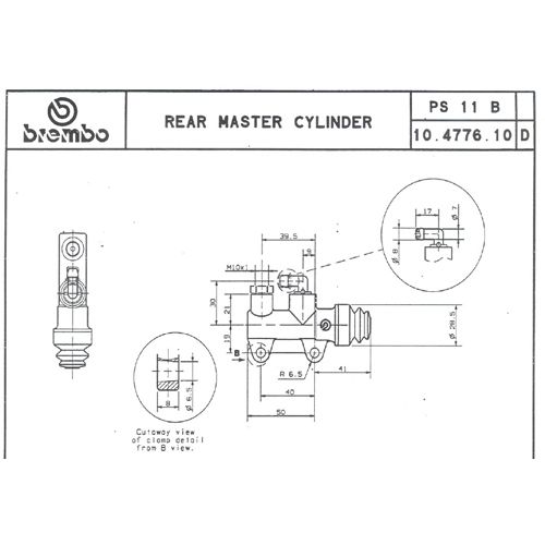 Pompa freno posteriore Brembo PS 11 B nera con interasse fori 40 mm, uscita superiore e raccordo serbatoio 90°