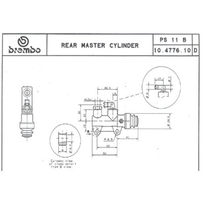 Pompa freno posteriore Brembo PS 11 B nera con interasse fori 40 mm, uscita superiore e raccordo serbatoio 90°