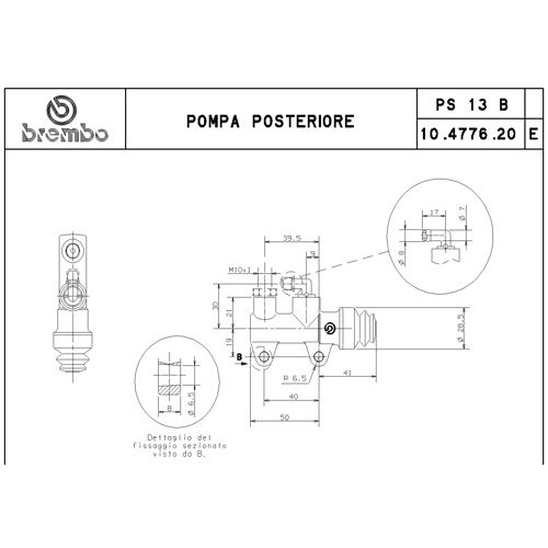 Pompa freno posteriore Brembo PS 13 B nera con interasse fori 40 mm, uscita superiore e raccordo serbatoio 90°