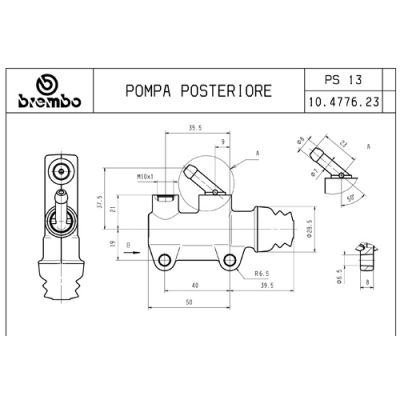 Pompa freno posteriore Brembo PS 13 B nera con interasse fori 40 mm, uscita superiore e raccordo serbatoio 45°