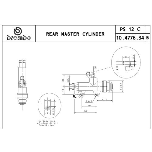Pompa freno posteriore Brembo PS 12 nera con interasse fori 40 mm, uscita dritta e raccordo serbatoio 90°