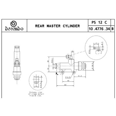 Pompa freno posteriore Brembo PS 12 nera con interasse fori 40 mm, uscita dritta e raccordo serbatoio 90°