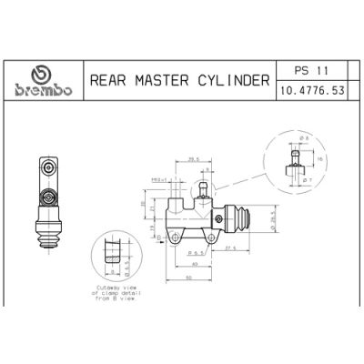 Pompa freno posteriore Brembo PS 11 C nera con interasse fori 40 mm, uscita superiore e raccordo serbatoio dritto