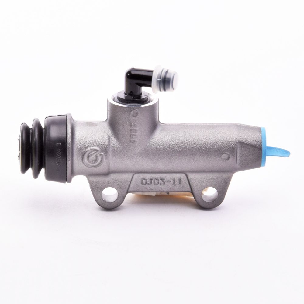 Pompa freno posteriore Brembo PS 11 C titanio con interasse fori 40 mm, uscita dritta e raccordo serbatoio 90°