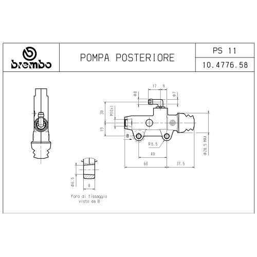 Pompa freno posteriore Brembo PS 11 C titanio con interasse fori 40 mm, uscita dritta e raccordo serbatoio 90°