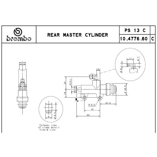 Pompa freno posteriore Brembo PS 13 C nera con interasse fori 40 mm, uscita dritta e raccordo serbatoio 90°