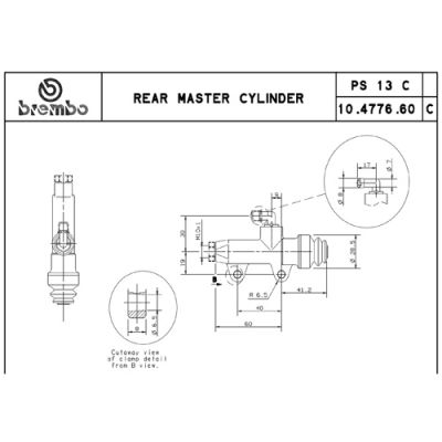 Pompa freno posteriore Brembo PS 13 C nera con interasse fori 40 mm, uscita dritta e raccordo serbatoio 90°