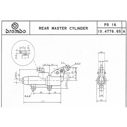 Pompa freno posteriore Brembo PS 16 nera con leva, interasse fori 50 mm, uscita dritta e raccordo serbatoio 90°