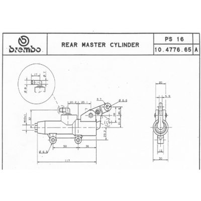 Pompa freno posteriore Brembo PS 16 nera con leva, interasse fori 50 mm, uscita dritta e raccordo serbatoio 90°