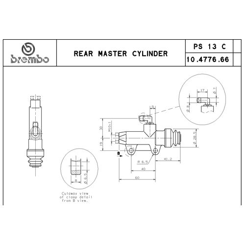 Pompa freno posteriore Brembo PS 13 C silver con interasse fori 40 mm, uscita dritta e raccordo serbatoio 90°
