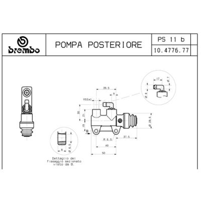 Pompa freno posteriore Brembo PS 11 B silver con interasse fori 40 mm, uscita superiore e raccordo serbatoio 90°