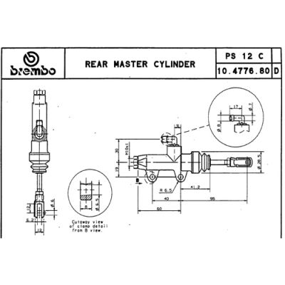Pompa freno posteriore Brembo PS 12 C nera con interasse fori 40 mm, uscita dritta con puntale 95 mm e raccordo serbatoio 90°