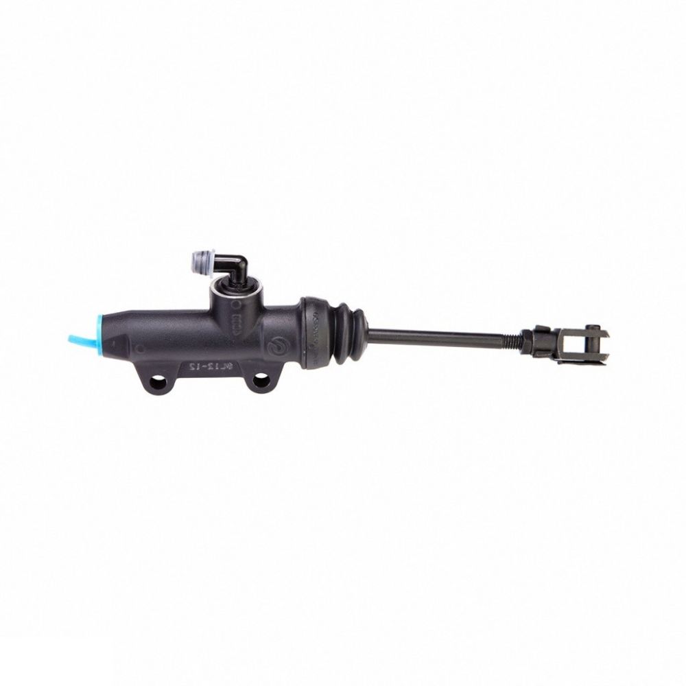 Pompa freno posteriore Brembo PS 12 C nera con interasse fori 40 mm, uscita dritta con puntale 127,5 mm e raccordo serbatoio 90°