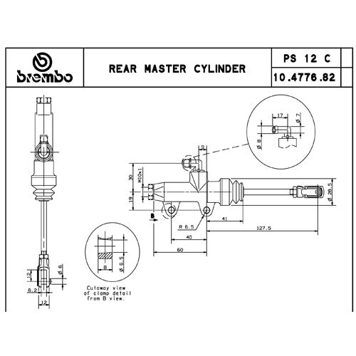 Pompa freno posteriore Brembo PS 12 C nera con interasse fori 40 mm, uscita dritta con puntale 127,5 mm e raccordo serbatoio 90°