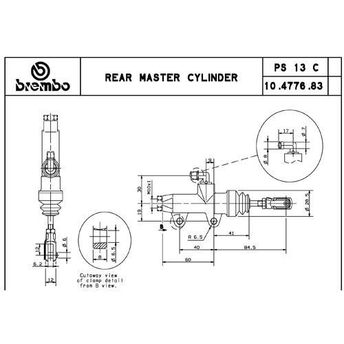 Pompa freno posteriore Brembo PS 13 C nera con interasse fori 40 mm, uscita dritta con puntale 84,5 mm e raccordo serbatoio 90°