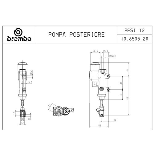 Pompa freno posteriore Brembo PS 12 argento con serbatoio interasse fori 40 mm e puntale 116 mm