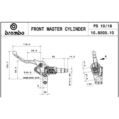 Pompa frizione / freno posteriore assiale Brembo PS 10 corpo nero leva argento regolabile con serbatoio